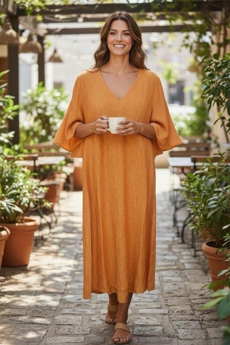 Bryn Walker Liliana Linen V Neck A-Line Oversized Midi Dress XL Orange Lagenlook